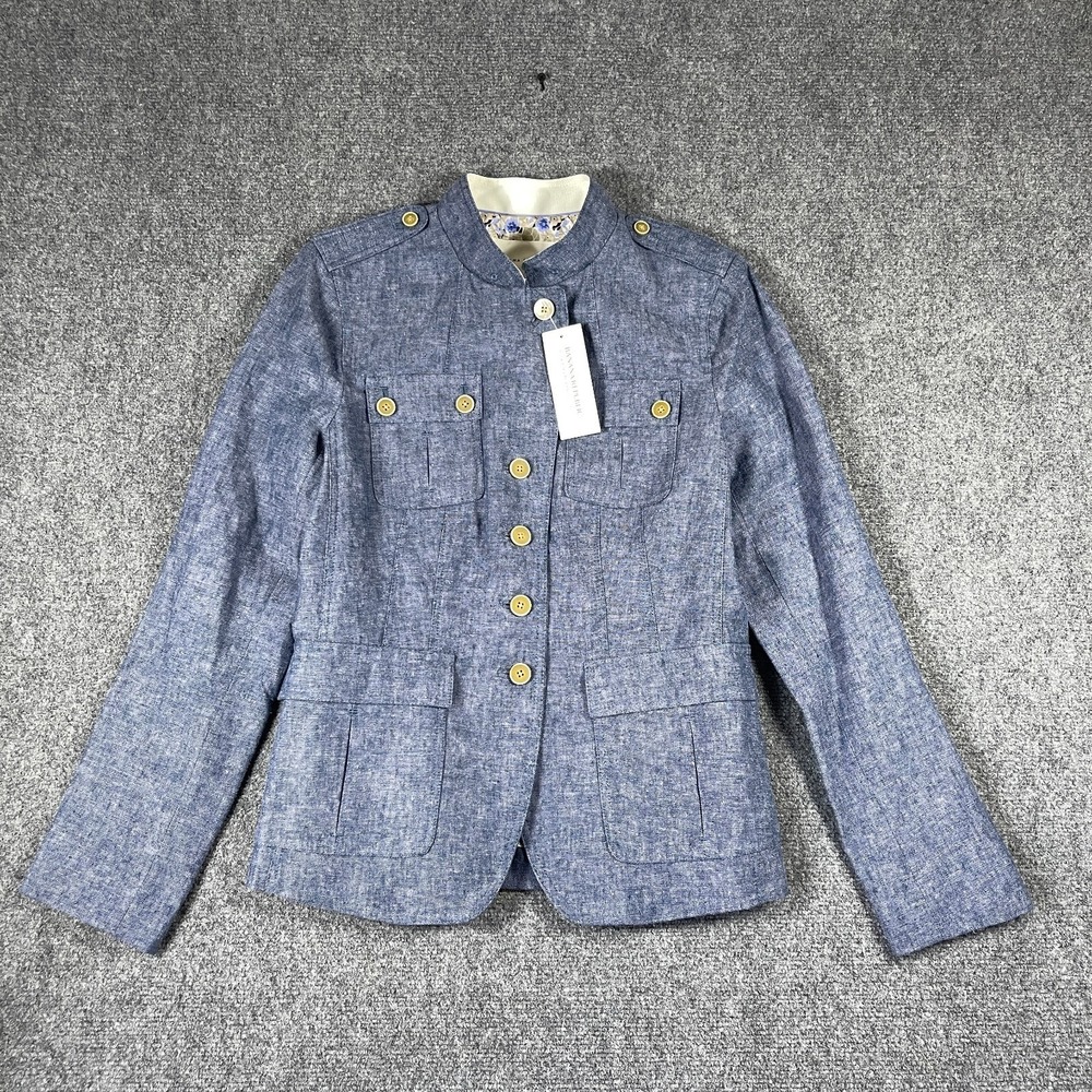 NWT Banana Republic Jacket Womens 10 Blue Linen Blend Military Chambray Button